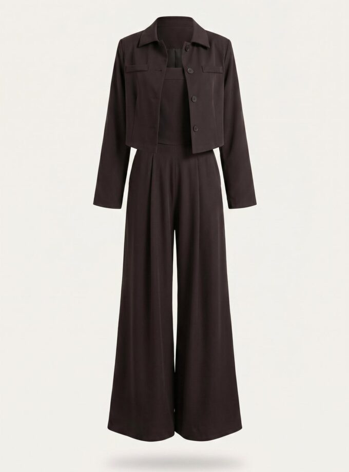 Komplet Cropped Blazer i Palazzo Ciemny Brąz