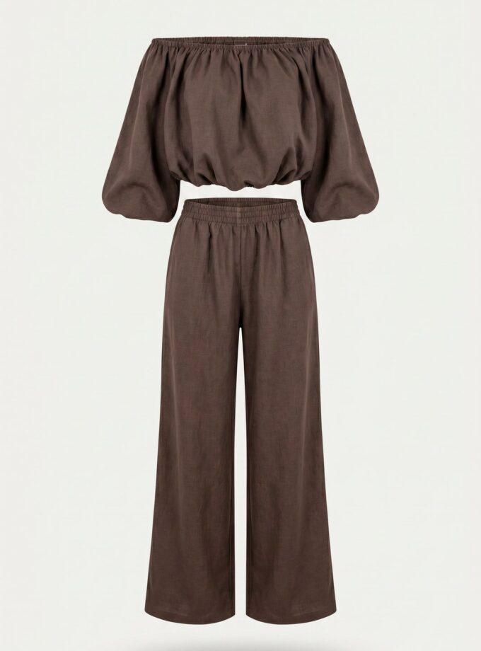 Komplet Off-Shoulder Ciemny Brąz