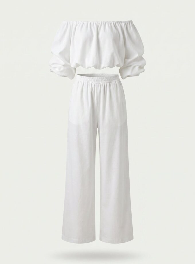 Komplet Off-Shoulder Biały Szerokie Spodnie