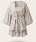 Komplet Lniany Beżowy Kimono i Spódniczka